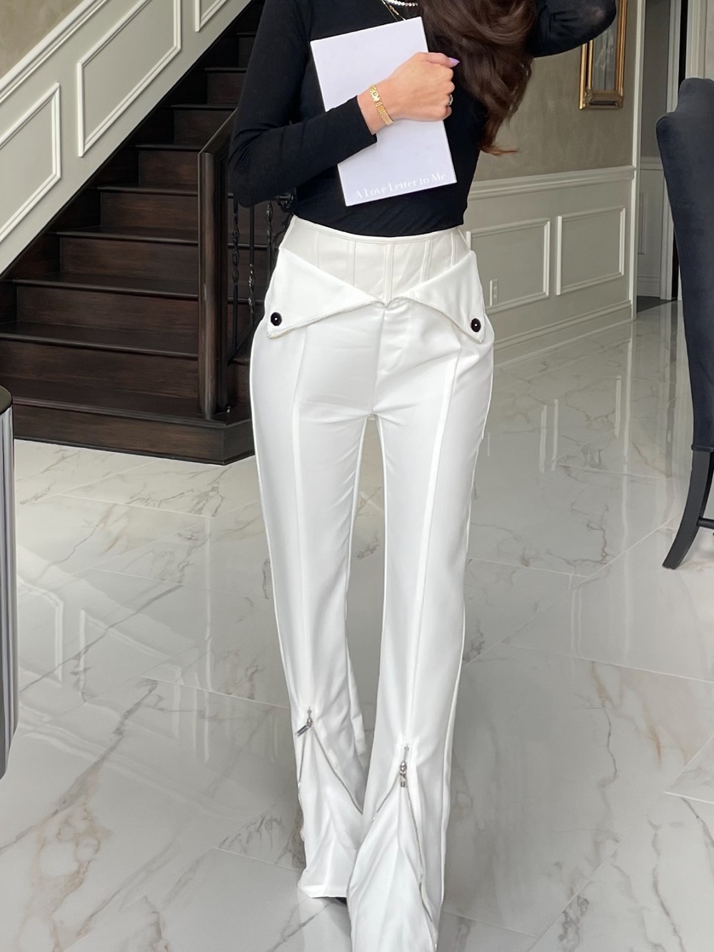Maniere De Voir High-Waist White Crepe Tailored Pants with Zip Detail